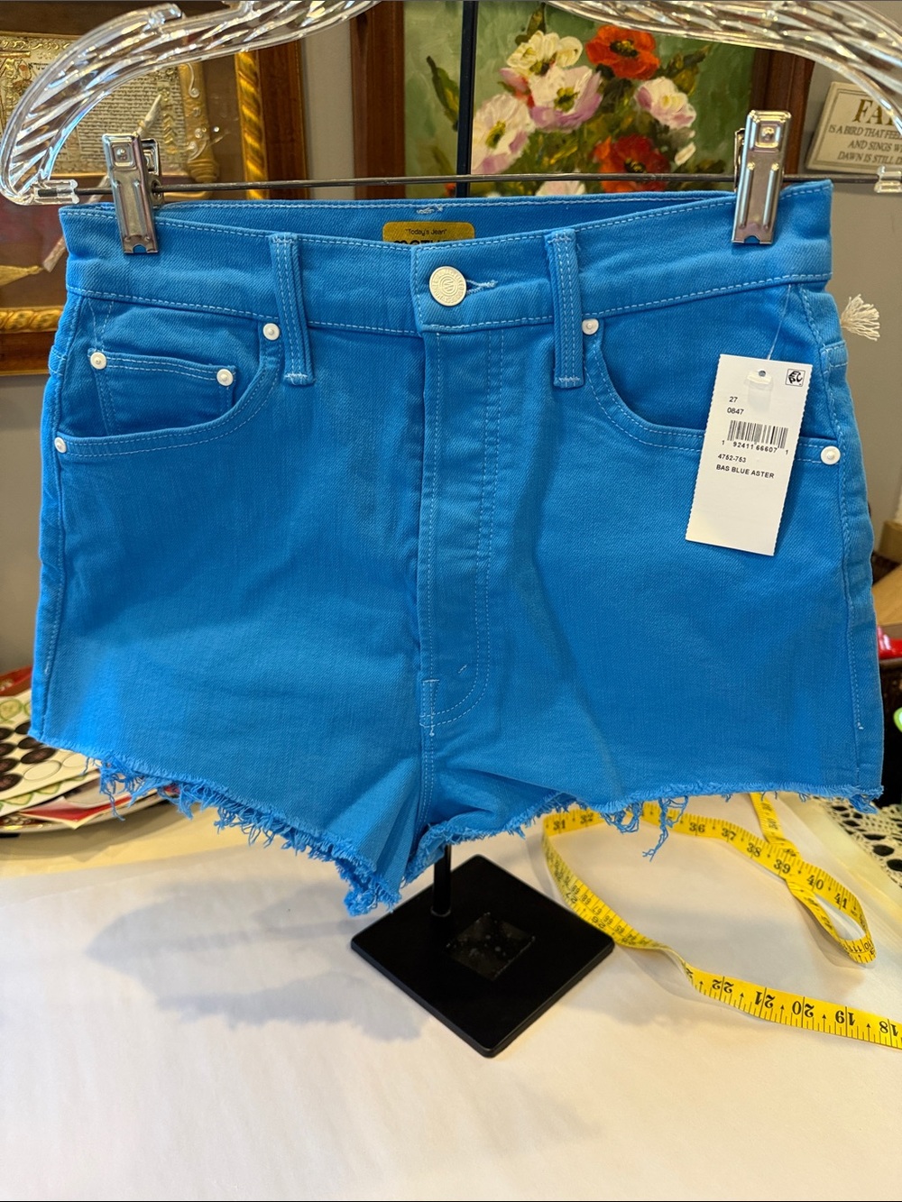 MOTHER Bright Blue High-Rise Frayed Hem Jean Shorts NWT size 27